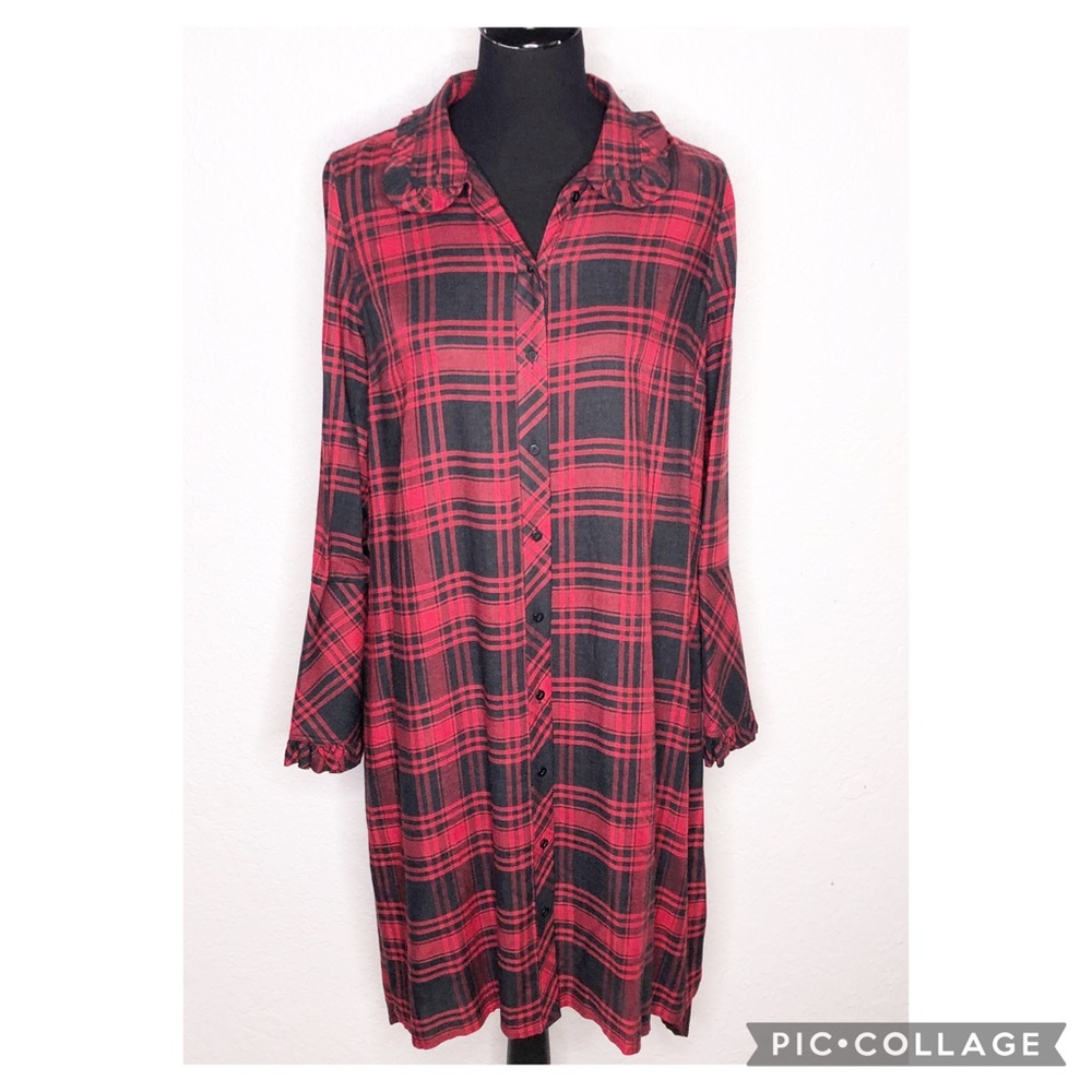 Soft Surroundings black red plaid ruffle button midi shirt dress Medium NWOT